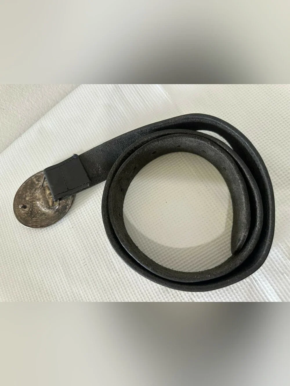 Vintage Western Black Leather Belt with Engraved Silver Concho Buckle